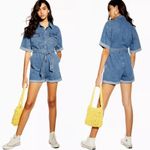 Topshop ‎ Short Sleeve Belted Cotton Denim Romper in Blue Size 4 Photo 1