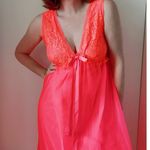 Vintage Lingerie Nightie Neon Coral Orange Lace Size M/Large Fit Bright Photo 5