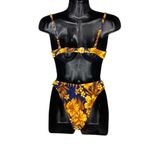 Venus VTG 90s Bikini Swimsuit 4 Pc Set Tops + Bottom + Sarong Blue Yellow Floral Photo 3