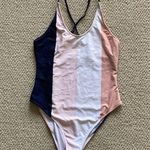 Cupshe One Piece Bathing Suit Striped Preppy Nude Navy Cheeky Cross Strap Medium Photo 0