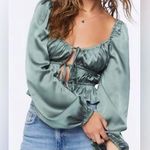 Mixed Threads Tie Front Square Neck Hunter Green Peasant Crop Blouse Size M Photo 0