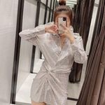 ZARA Silver Shiny Mini Bodycon Dress with Knot Photo 0