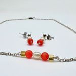 Handmade Orange Bead Faux Pearl Necklace Earrings Set Silver Gold Photo 8