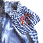Stella Tweed Women's XL Off-Shoulder Blue Striped Floral Embroidered Blouse Photo 3