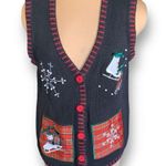 Holiday Editions Black Printed Knit Sweater Vest Festive Embroidery Red Plaid Size L Photo 1