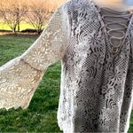 Entro  Top Floral Lace Mesh Cream Lace-Up Bell Sleeve Blouse Photo 4