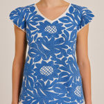 J. Marie Blue White Floral Embroidered Short Sleeve Lined Boho Top Blouse Size S Photo 0