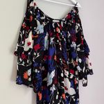 Parker  100% Silk Floral Cold Shoulder Tiered Sleeves Mini Dress Black Blue Small Photo 6