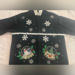 Vintage Lord & Taylor Christmas Cardigan Snow Flakes Fur Hood Beaded Zip Up M Black Size M Photo 7