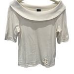 Rafaella ‎ Cream Top Boat Neck Short Sleeve Lace-Up Casual Blouse Photo 0