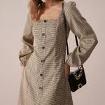 RIHOAS The Khaki Square Neck Plaid Button Mini Dress XS 05 Tan Photo 3