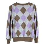 Loft  Pullover Sweater Womens XL Tan Purple Argyle Cotton Puff Sleeve Preppy Photo 4