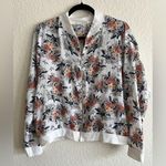 Floral Bomber Zip Up Lightweight Jacket XL White Stretchy Knit Casual Spring Photo 0