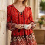 Gianni Bini NWT  Fire Orange Boho Western Tasseled Puff Sleeve Mini Dress Large Photo 0