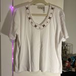 Classic Elements  White Cotton Tee with Wood & Glass Beads V Neck Top XL (18) Photo 4