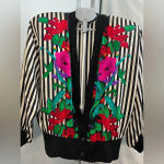 Vintage‎ white and black striped floral 100% silk jacket/cardigan size 10 Photo 1