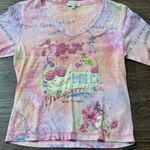 XCIT U.S.A. Vintage XCIT Tiedye Pastel 3/4 Sleeve Blouse Top Floral Berry Print Pink Purple Photo 10