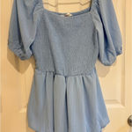 Available Smocked Mini Dress Puff Sleeve Tiered Ruffle Hem Blue Size L Size L Photo 0