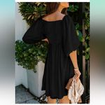 NEW Square Neckline Textured Puff Sleeve Chiffon Mini Dress M Black Size M Photo 1