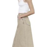 ZARA  Women's Beige TRF Overdyed Frayed Denim Mid Rise A-line‎ Midi Skirt Size L Photo 2