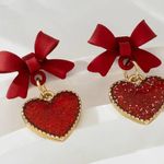Elegant Red Heart Bow with Glittery Gold Trimmed Design Earrings NWT Photo 0