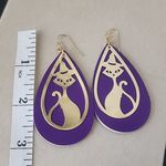 Gold Witch Cat Silhouette on Purple Teardrop Earrings Photo 3