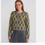 ZARA NWT Argyle Heavy Knit Cardigan Jumper Grey Green Yellow Wool Blend Photo 6