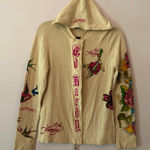 Ed Hardy Cream Zip-Up Sweater Floral Rhinestone Christian Audigier Women's Large Photo 0