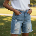 BRAND NEW ~ Women's Distressed Holes Frayed Hem Light Blue Jean Shorts ~ LARGE Photo 0