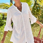 Swimsuits for All Elba Linen Blend Stripe‎ Bathing Suit Cover Up 18/20 Tan Size undefined Photo 0