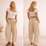 Free People NWT  Cream Linen Wide Leg Drawstring Pants Size L Boho Beach Resort Photo 1