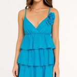 Trina Turk  Ruffle Mini Dress Tiered V Neck Blue Size 4 Party Y2K Vintage Mermaid Photo 0