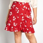 Modcloth [] It's A Wrap Red Cherry Heart Print Ruffle Faux Wrap Midi Skirt Sz 12 Photo 0