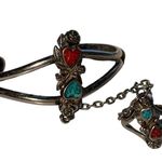 Vintage Native American Southwestern Inlaid Hearts Slave Bracelet/Ring Silver Photo 2