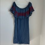 Philosophy Blue and Red Ruffled Off-Shoulder Midi Sundress Photo 3