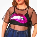 SheIn Hot Pink Sequin Lip Midnight Black Organza Tunic Top Size XS Photo 0