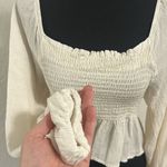 Final Touch  Cream Smocked Cropped Flowy Peplum Keyhole Tie Back Top Photo 5