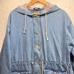 Vintage 1980s Denim Hooded Snap Front Jacket Plaid Trim by Stefano International Blue Size L Photo 2