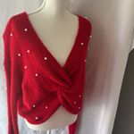 No Boundaries  Red Off-the-Shoulder Sweater with Pearl Details Photo 1