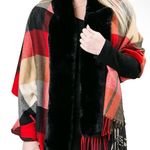 NWT Top it Off Lily Wrap Plaid Women's wrap with Black Fur Trim one size Red Photo 0