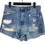 ZARA  The High Waist Short Cotton Distressed Raw Hem Button Closure 6 Blue #3727 Photo 0