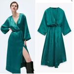 ZARA NWT Teal Satin Effect V-Neck Midi Dress Festive Holiday Photo 1