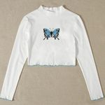 SheIn Blue Butterfly Print White Mock-Neck Long Sleeve Crop Top Photo 0