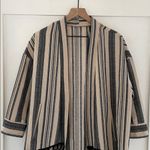 ZARA Ecru Black Stripe Rustic Fringe Tassel Trim Boho Open Front Kimono Size S Photo 7