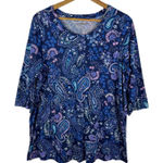 Woman Within Paisley Tunic Top Size 14/16 Blue V-Neck Stretch Boho Comfy Modest Photo 0