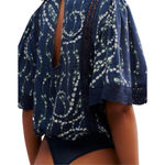 Free People  Bali Tate Mixed Media Crochet Floral Printed Bodysuit Blue Sz S Photo 2