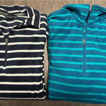 Lands' End Two  Women's Fleece 1/4 Zip Pullover Top Stripe Teal Blue M 10-12 Cozy Photo 0