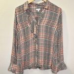 J. Jill Women’s Plaid Button Front Ruffle Tartan Shirt Size Medium Brown Photo 5