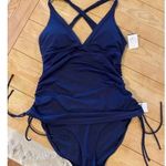 Athleta NWT Scrunch Ruched Tankini & bottoms in navy swim 2 piece size medium Photo 3