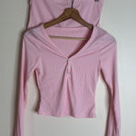 Ribbed Knit Lounge Set Womens Medium Pink Crop Top Shorts Button Stretch Casual Photo 0